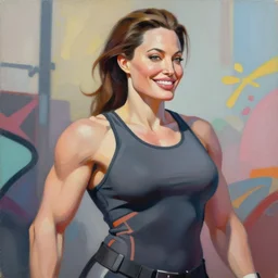 greg manchess portrait painting of smiling angelina jolie as beautiful thick female bodybuilder zarya from overwatch, medium shot, asymmetrical, profile picture, organic painting, sunny day, matte painting, bold shapes, hard edges, street art, trending on artstation, by huang guangjian and gil elvgren and sachin teng