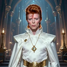 A fantasy comic book style portrait painting of David Bowie as a cleric in a stunning fantasy fortress, unreal 5, DAZ, hyperrealistic, octane render, RPG portrait, dynamic lighting