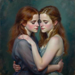 a painting of george lopez and emma watson embracing, a fine art painting by josephine wall, deviantart, figurative art, detailed painting, enchanting, mystical