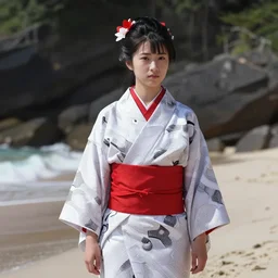 maiko in the beach, fluent composition, red white and black, concept art, ambient light, 4 k, intricate details, highly professionally detailed, cgsociety, highly detailed -