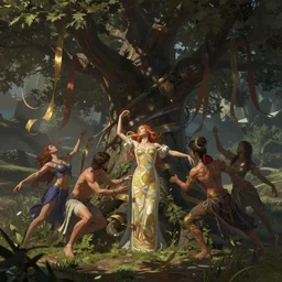 a hyperrealistic render of dancers around a tree with ribbons, outdoor, art by Artgerm and Greg Rutkowski and Alphonse Mucha, hearthstone art style, epic fantasty card game art, Beautiful dynamic dramatic moody lighting, shadows, cinematic, Octane, 8K