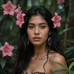 a beautiful portrait of a beautiful woman in the jungle surrounded by pink flowers, shamanism, matte painting, fantasy art