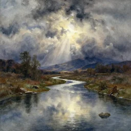 watercolor painting of small cold river, reflections, shallow mountains and dramatic swirling clouds, mythological art by hans gude, ambient lighting and shadows, art by hans dahl, by jesper ejsing, art by anders zorn, wonderful masterpiece by greg rutkowski, cinematic light, american romanticism by greg manchess, creation by tyler edlin