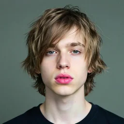 portrait of 2 0 year old white man with big pink lips, messy medium length hair