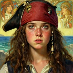close - up of teenage mediterranean pirate girl freckles freckles, worry, seaside backgroud, art for best - selling award - winning young adult fantasy novel, intricate, highly detailed, art by chengwei pan and viktoria gavrilenko and artgerm and greg rutkowski and alphonse mucha, trending on artstation