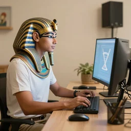 egyptian god working on computer