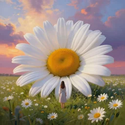 giant white daisy flower head, girl standing in a flower field, surreal photography, sunrise, dramatic light, impressionist painting, colorful clouds, digital painting, artstation, simon stalenhag