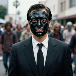 sharp portrait of a man in a suit with a face made of black shiny leather standing in los angeles with blured crowd of zombies on a background, bokeh, detailed, film photography, kodak portra 4 0 0, mamiya,