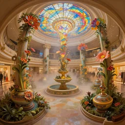 fish eye lens, minimalist 3 d fractal swirling vortex oil painting by donato giancola and alex grey, warm coloured, cinematic scifi bioluminescent luxurious futuristic foggy steam filled victorian garden circular shopping mall interior with microscopy minimalist stained glass flowers growing out of pretty bulbous ceramic fountains, gigantic pillars and flowers, maschinen krieger, beeple