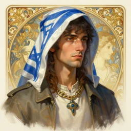 a person that is themed like israel, highly detailed, digital painting, artstation, concept art, sharp focus, illustration, art by greg rutkowski and alphonse mucha