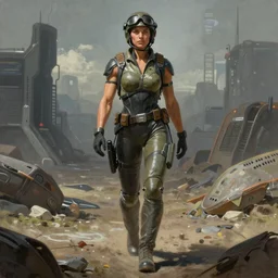 realist painting of an attractive muscular female frontier militia pilot walking across a cyberpunk wasteland, human woman face, symmetrical face details, ultra realistic, very highly detailed, 8K, octane, Digital painting, concept art, illustration, rule of thirds, sharp focus, centered, Halo Armor!!!!!, rubber suit, Zdzisław Beksiński