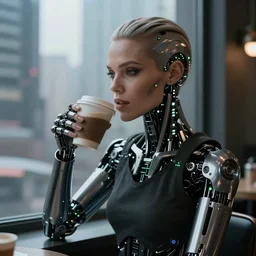 a terminator cyborg lady with borg implants and a gorgeous human face is drinking coffee near a window with dystopian city visible outside. tiny green led lights in her cybernetics. very detailed 8 k. horror cyberpunk style.