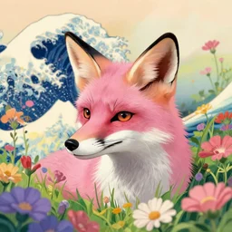 pink fox head popping out of a field of multi colored flowers by hokusai,