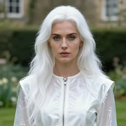 portrait of a woman wearing shiny white transparent leather suit in an english garden, english face, refined features, moon goddess, long snow - white hair by jean gerome, edward hopper and james jean, hyper detail, 8 k, high resolution, ultra detailed