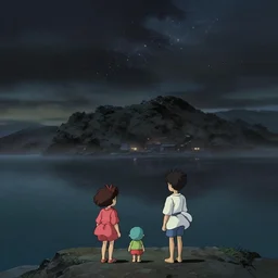 a very dull wide shot still from ponyo ( 2 0 0 8 ) of matsushima bay on a misty and starry night. perfect art, grimdark, trending on pixiv fanbox, painted by studio ghibli
