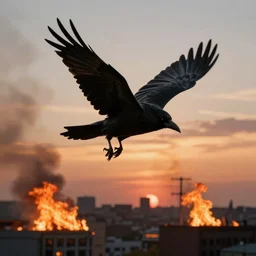 black crow flying through the sunset over a burning city