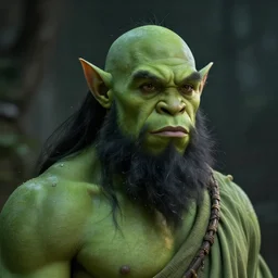 green orc monk, black hair and beard, portrait