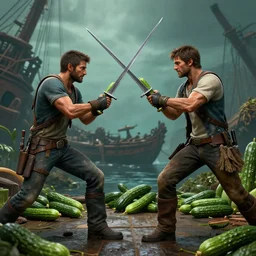 hyperrealistic film still of two men rafe from uncharted 4 fighting nathan drake swordfighting using a cucumber, shipwreck background, cucumber weapons, vegetable, stunning 3 d render, inspired by istvan sandorfi & greg rutkowski & unreal engine, perfect symmetry, dim volumetric cinematic lighting, 8 k octane comprehensive render, intricate, real flesh texture, masterpiece, artstation, stunning