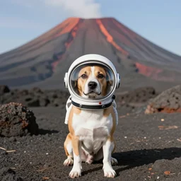a dog wearing an astronaut helmet in a volcano