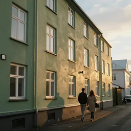 a couple, green apartment house, textured walls, quiet street, reykjavik, sunset lighting, rim light, hyper realistic, cinematic frame