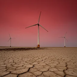 dried up ocean with rusted wind turbines standing, eerie, red skies