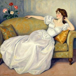 european woman in a gown laying on couch, bloom flowers, modern, eclectic, illustration, by ramon casas