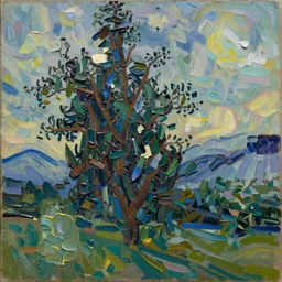 painting of a tree and mountains in the evening painted in the style of Jackson Pollack, with lots of scumbling, scumbled thick oil paint, oily high relief, shiny and painted in a style of painting similar to Van Gogh but more impasto and less hatching
