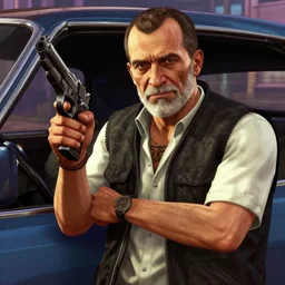 highly detailed old man in car holding gun gta v art,, fantasy art by stephen bliss