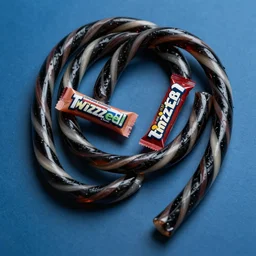 twisted strands of black licorice on a blue background, candy, twizzlers, chesley bonestell, vincent di fate