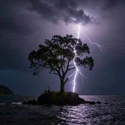 lightening strikes a gorgeous single tree on a little island, dark stormy sea around, photography, landscape photography, dramatic, insane details, artstation, photorealism