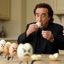 Danny DeVito eating a boiled egg while being chased by boiled eggs with angry faces