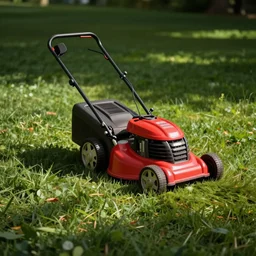 a logo of a red lawn mower mowing grass