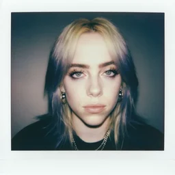 billie eilish, extreme 2 0 cm long and thick eyelash prostheses, old polaroid film photo, ultrarealistic, talented, perfect anatomy
