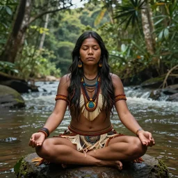 an indigenous woman meditating near a river in the amazon jungle, art by christophe vacher