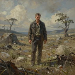 ultra realist intricate detailed landscape painting of last man on earth, very intricate details, bokeh focus, 8 k render, by les edwards, award winning