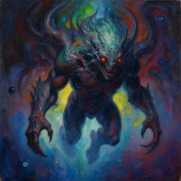 a beautiful stunning colorful painting of a mysterious ominous massive creature floating through space, fantasy, dramatic lighting, abstract art, dark surrealism, retrofuturism, artstation