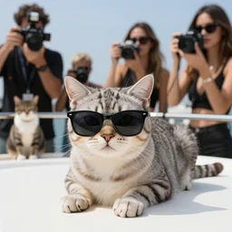 cat wearing sunglasses on his yacht hanging out with beautiful female cat models, paparazzi photo, candid 8 k,