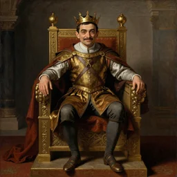 A still of Mr. bean depicted as a medieval king on a throne, renaissance oil painting