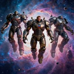 movie still frame, giant armored titans riding flying through a psychedelic nebula, beautiful composition, 8 k, cgi, by ridley scott, zack snyder and michael bay