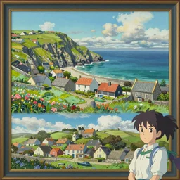 A beautiful landscape painting of a small cornish village by the sea and cliffs by Alfons Maria Mucha and Julie Dillon and Makoto Shinkai