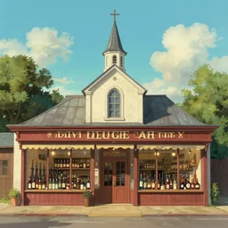 American dreamscape liquor store gun shop church. Architectural art by Jean Leon Gerome, Norman Rockwell, Studio Ghibli