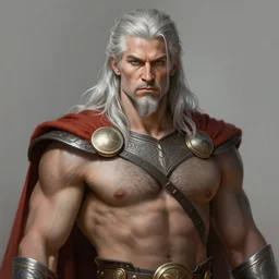 painted portrait of rugged odin, god of war, norse god, white hair, masculine, mature, handsome, upper body, grey and silver, muscular, hairy torso, fantasy, intricate, muscular, elegant, highly detailed, digital painting, artstation, concept art, smooth, sharp focus, illustration, art by gaston bussiere and alphonse mucha