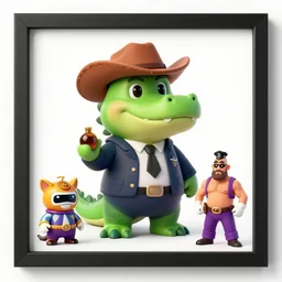 framed portrait of adorable crocodile cowboy wrestler salesman : : 3 snake oil : : 2 neon power ranger furby sheriff : : 1 | 1 0 8 0 p anthropomorphic hindu businessman deity, with furby facial features and 9 0 s nostalgia texturing, manifests an aura of greasy money and angelic snakes, art by ed roth and basil wolverton. 1 0 8 0 p