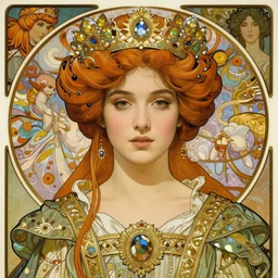 realistic detailed face portrait of beautiful young Veronica Lake as Ethereal Magical Fairy Queen Titania wearing an elaborate royal medieval gown by Alphonse Mucha, Ayami Kojima, Yoshitaka Amano, Charlie Bowater, Karol Bak, Greg Hildebrandt, Jean Delville, and Mark Brooks, Art Nouveau, Pre-Raphaelite, Gothic Revival, exquisite fine details, 4k resolution