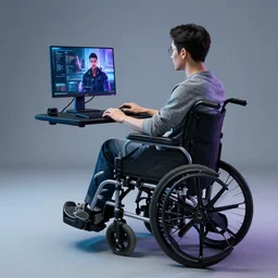 a cyberpunk electric wheelchair equipped with a computer shelf that can be moved to work