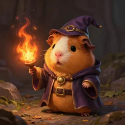 cute little anthropomorphic Guinea Pig Mage using fire magic, tiny, small,  short, Wizard robe, cute and adorable, pretty, beautiful, DnD character art portrait, matte fantasy painting, DeviantArt Artstation, by Jason Felix by Steve Argyle by Tyler Jacobson by Peter Mohrbacher, cinematic lighting