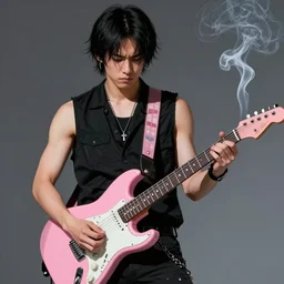asian rocker guy with a stoic expression, wearing a black vest and playing a pink guitar, smoke in the background, full color digital illustration in the style of frank frazetta,, artgerm, artstation trending