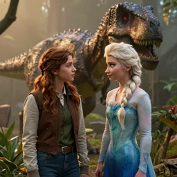 ana and elsa in jurassic park movie scene, rim light, hyper realistic, 1 0 5 mm, cinematic frame