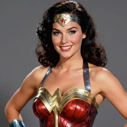digital art, close-up shot, kodachromatic studio portrait of Wonder Woman in her 20s, double split halter open thigh dress, smiling, in the style of 1950s pinups, illustration by Warren Louw,photorealistic, realistic, ultra detailed, unreal engine, octane render, 8k resolution