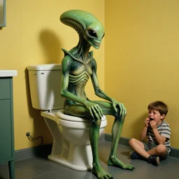 An H.R. Giger alien sitting on the toilet. Green and yellow color scheme. A small boy crying in the corner. Production photo from 1980’s color sci-fi film.